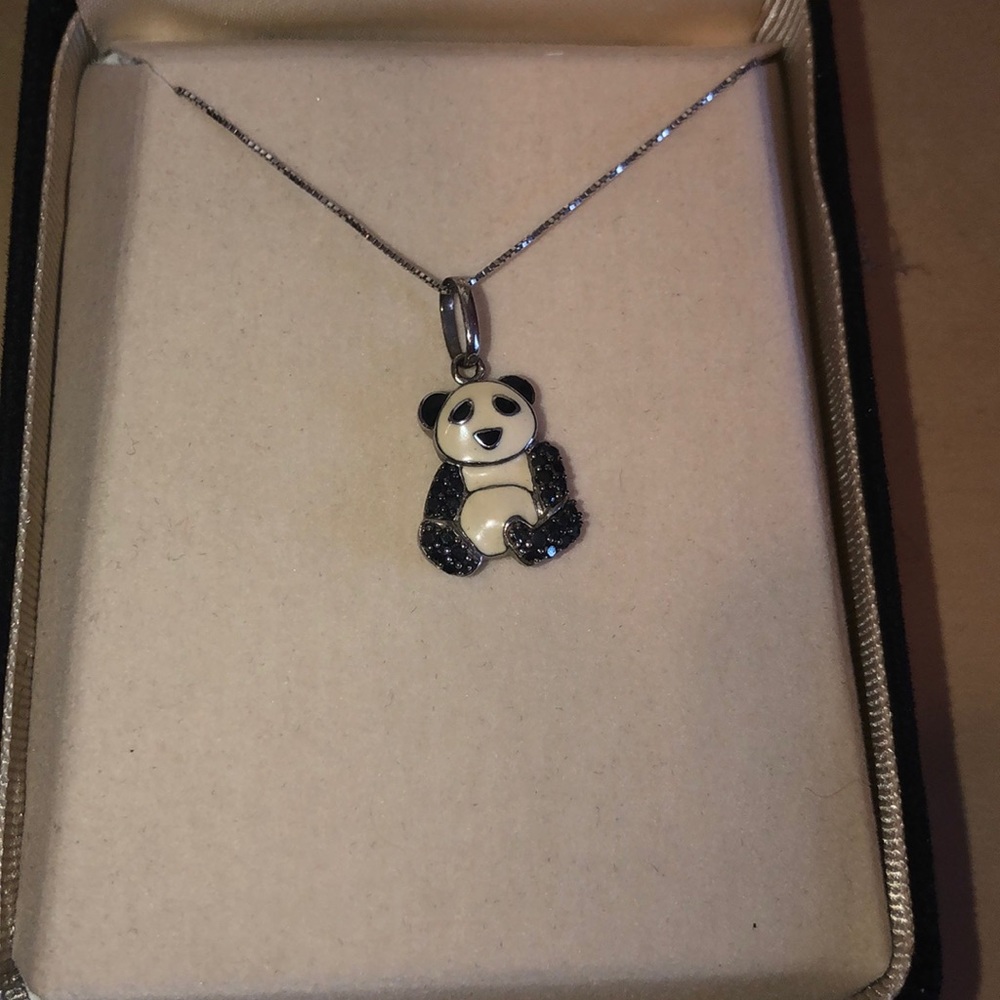Black diamond panda pendent on a silver chain